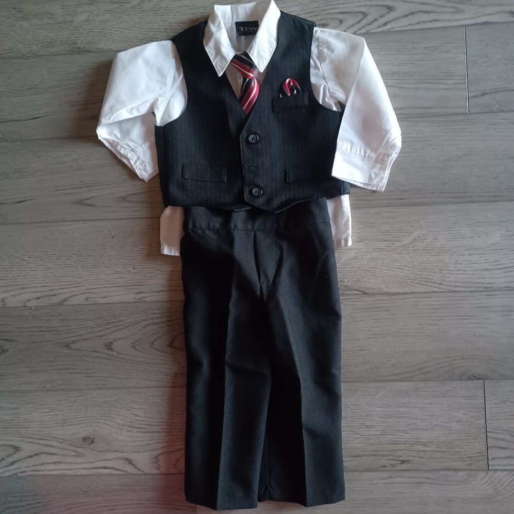 TFW 12 Month 4 Piece Suit White Shirt Black Pants Vest Red Black Striped Tie